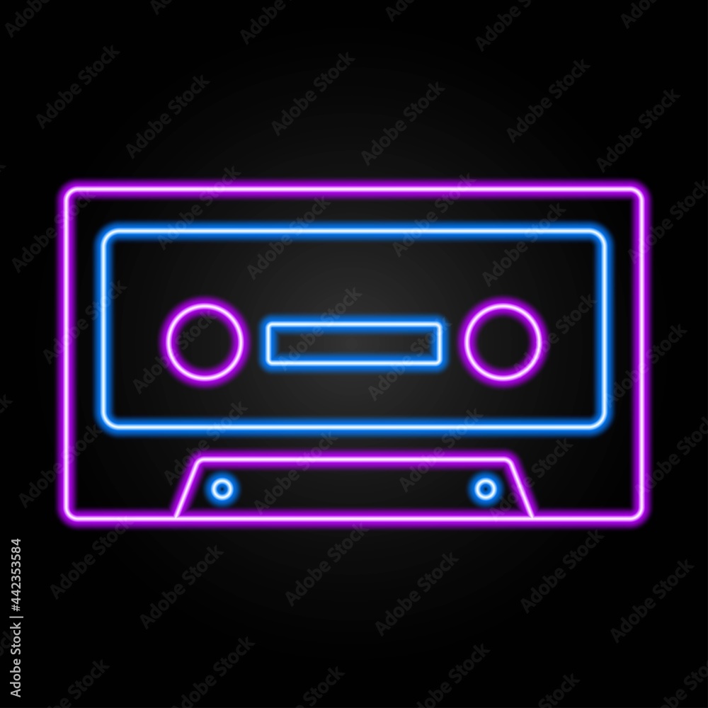 Fototapeta premium Audio cassette neon sign, modern glowing banner design, colorful trend of modern design on black background. Vector illustration.
