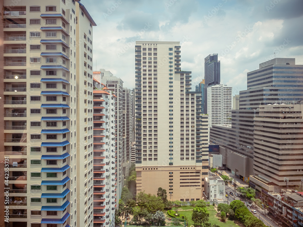 Business district with high building at cloud Strom in Bangkok Thailand.