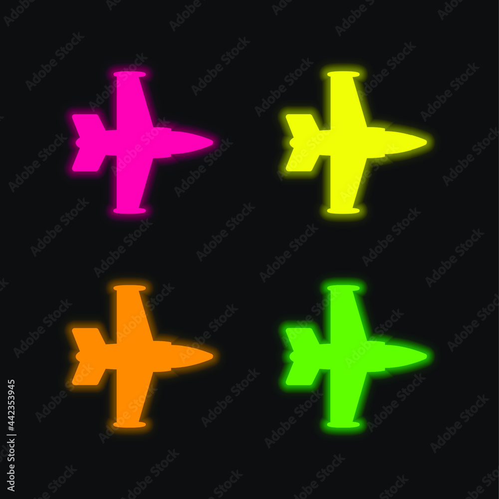 Obraz premium Airplane Silhouette four color glowing neon vector icon