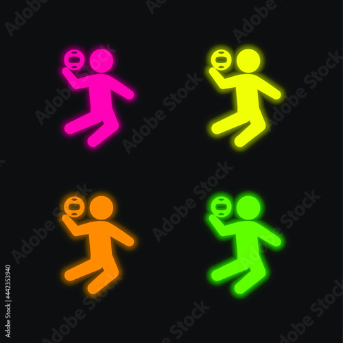 Beach Volleyball four color glowing neon vector icon