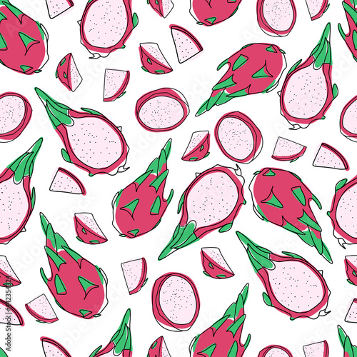 Seamless pattern with summer fruits, dragon fruit pattern, fruit slices icons, pink pitahaya fruit, juicy and stylish design, for printing on textiles, packaging paper, stationery and personal design