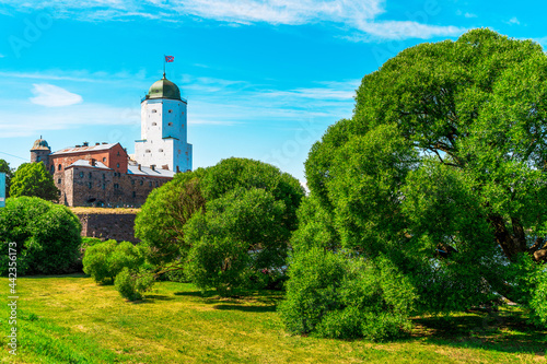 View of the Castle island with an old fortress, a popular tourist destination in Vyborg, Russia