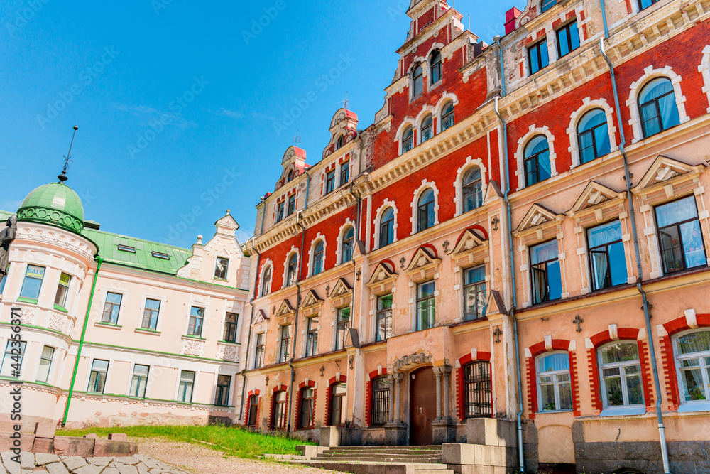 Beautiful view of the Old Town Hall square in Vyborg. Vyborg, Russia - 27 June 2021