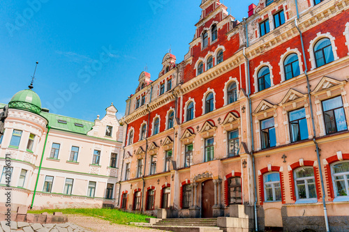 Beautiful view of the Old Town Hall square in Vyborg. Vyborg, Russia - 27 June 2021