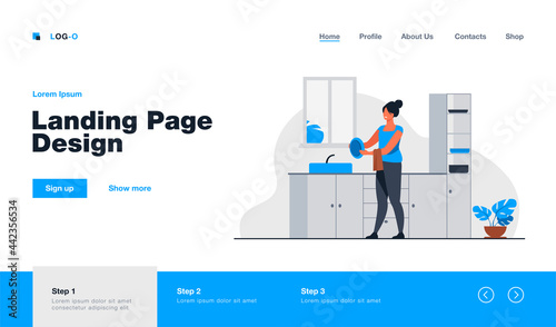 Woman washing dishes at home. Household chores, kitchen. Flat vector illustration. Housework concept can be used for presentations, banner, website design, landing web page