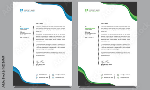 Unique simple official modern company creative professional clean corporate business style letterhead design template suitable for all businesses with blue, green and black colors.