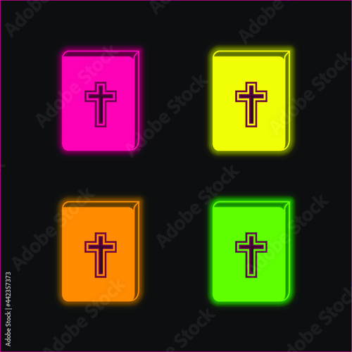 Bible With Cross Sign In Front four color glowing neon vector icon