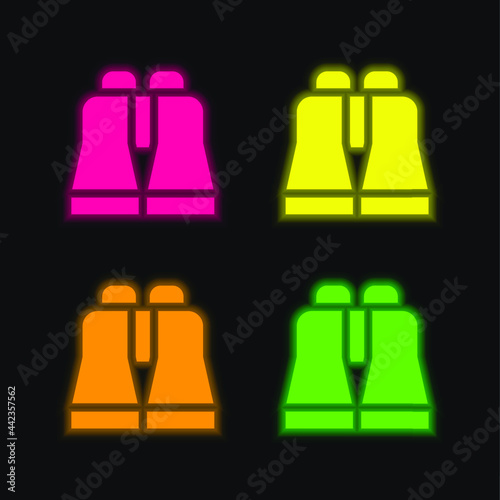 Binoculars four color glowing neon vector icon