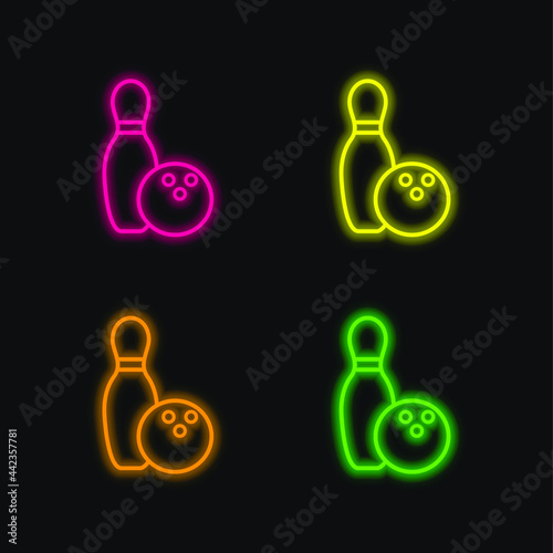 Bowling Bowl And Ball Outline four color glowing neon vector icon