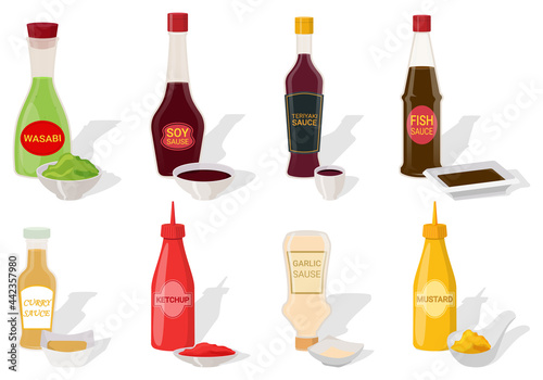 A set of different sauces in saucepans and packages. with realistic shadows.Soy sauce  mustard  wasabi ketchup  fish sauce  curry sauce  teriyaki and garlic sauce.Plastic and glass packaging.