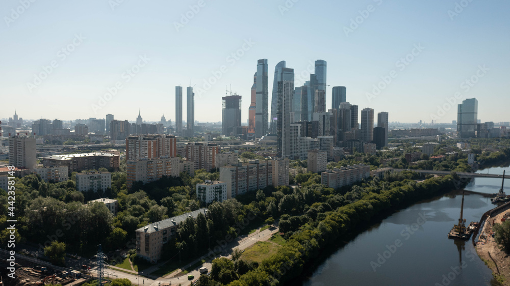 view of the famous business center-Moscow city across the river at dawn. view of the modern city of Moscow. aerial view
