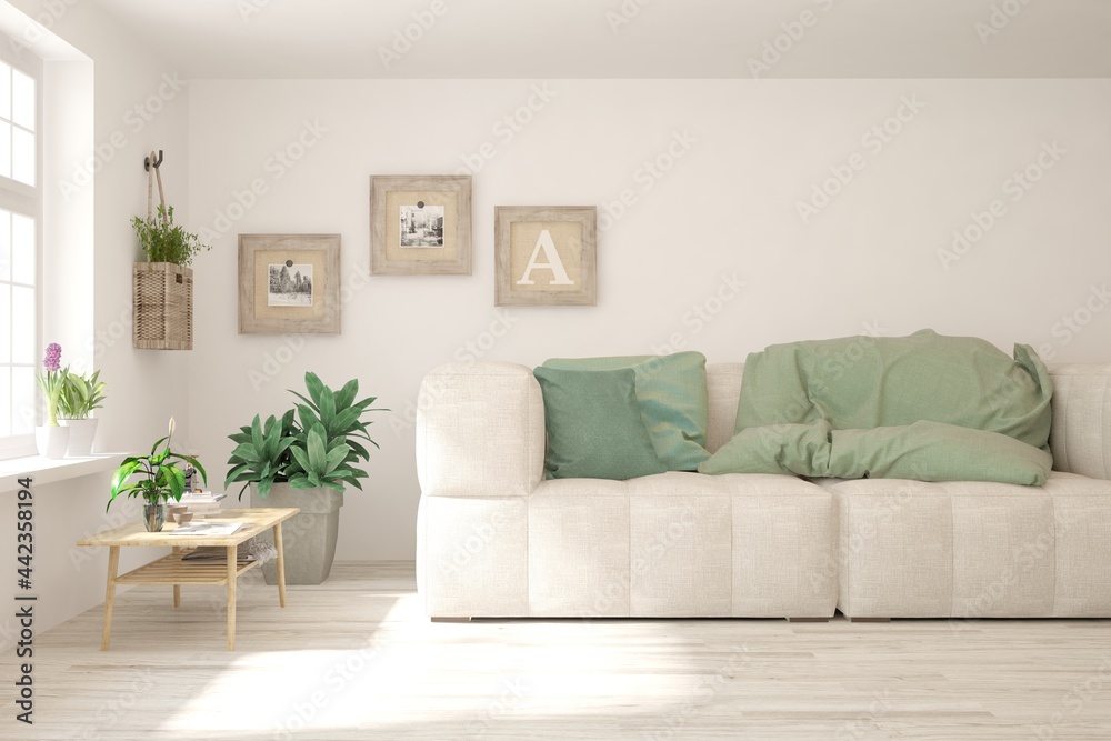 White living room with sofa. Scandinavian interior design. 3D illustration