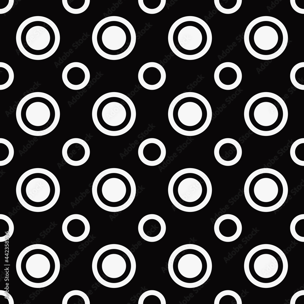 Polka dot. Vector white dots and black background. Seamless wallpaper with repeated dots.
