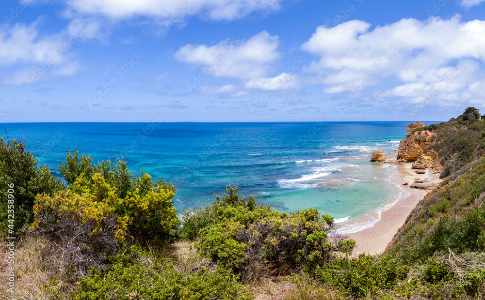 A picturesque landscape panorama of the Indian Ocean and the Great Australian Bay. View from the covered green bushes of the precipitous shore to the ocean sandy beach with rocky shores. Sunny day.