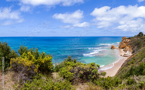 A picturesque landscape panorama of the Indian Ocean and the Great Australian Bay. View from the covered green bushes of the precipitous shore to the ocean sandy beach with rocky shores. Sunny day.