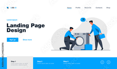 Two repairmen fixing washing machine. Handymen, mentor and intern with tools flat vector illustration. Home appliance repair service concept for banner, website design or landing web page