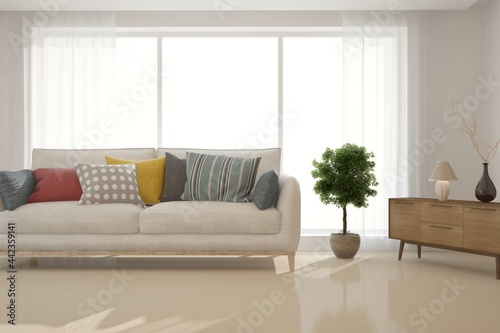 Soft color living room with sofa. Scandinavian interior design. 3D illustration