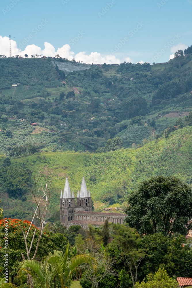 Natural landscape and view of the Basilica of the Immaculate Conception. Jardin, Antioquia, Colombia.