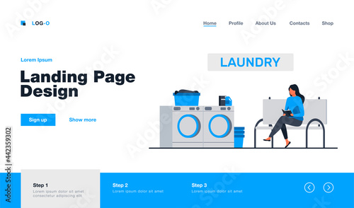 Woman reading book and waiting for her laundry. Room, washing machines. Flat vector illustration. Laundry service concept can be used for presentations, banner, website design, landing web page