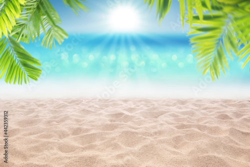 Fototapeta Naklejka Na Ścianę i Meble -  Beautiful sandy beach and sand dune with blurry tropical blue sea with palm leaves as frame , product display background concept