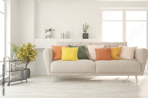 White living room with sofa. Scandinavian interior design. 3D illustration