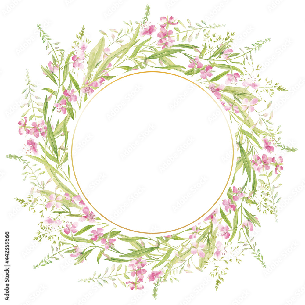 Floral frame from wildflowers. Painted watercolor wreaths of pink flowers on a white background. Suitable for the design of postcards, invitations, social media posts.