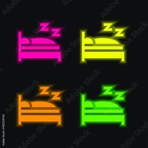 Bed four color glowing neon vector icon