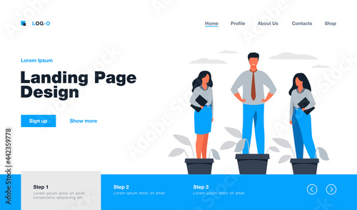 Employer growing business professionals metaphor. Hand watering plants and employees in flowerpots. Vector illustration for growth, development, career training concept
