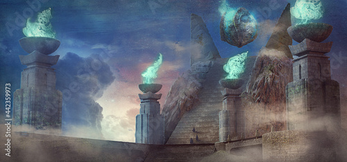 3D Illustration of a fantasy alien temple with a large mysterious object emitting glowing flames - digital fantasy painting