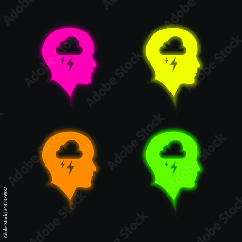 Bald Head With Cloud And Storm four color glowing neon vector icon