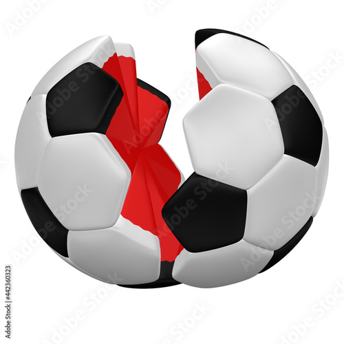 Soccer ball splits in two separated parts.