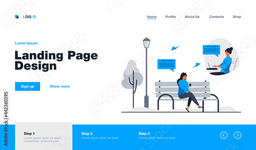 Woman using mobile phone to work outside. Park, job, mobility. Flat vector illustration. Freelancing concept can be used for presentations, banner, website design, landing web page