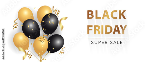 Black friday sale ad banner with shiny balloons.