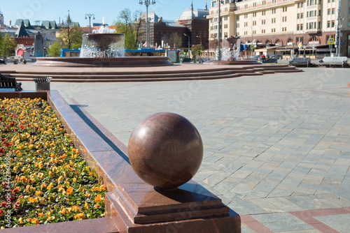 View of the fountains on the square in front of the Bolshoi Theatre (Big Theatre). Moscow architecture and landmark. Large old fountain on Teatralnaya Square in the historical center of Moscow