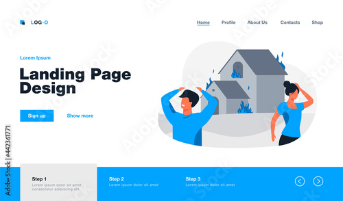 Man and woman standing outside burning house. Fire, danger. Flat vector illustration. Emergency concept can be used for presentations, banner, website design, landing web page