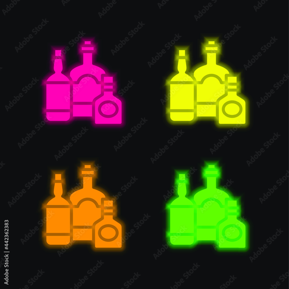 Bottles four color glowing neon vector icon