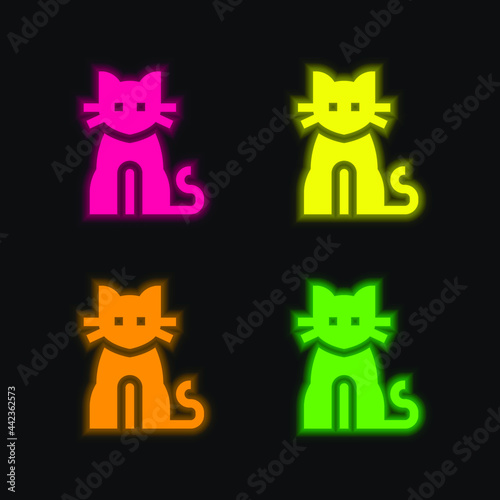 Black Cat four color glowing neon vector icon