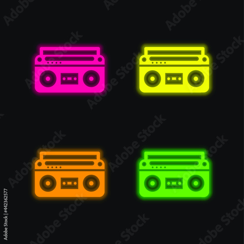 Boom Box With Controls And Settings four color glowing neon vector icon