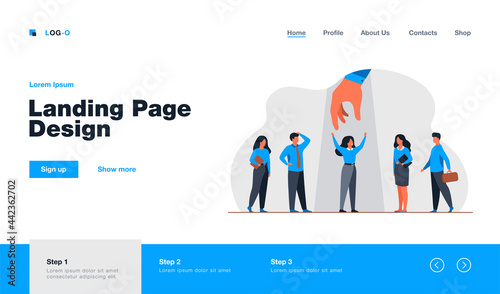 Employer choosing best professional in group of candidates, giving hand to woman under spotlight. Vector illustration for employment, HR, talent, candidate selection concept