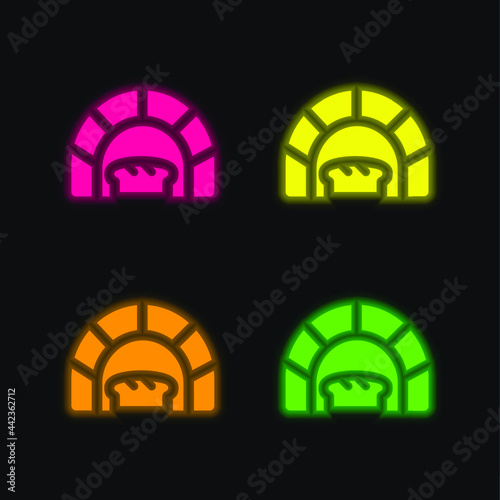 Bread Oven four color glowing neon vector icon