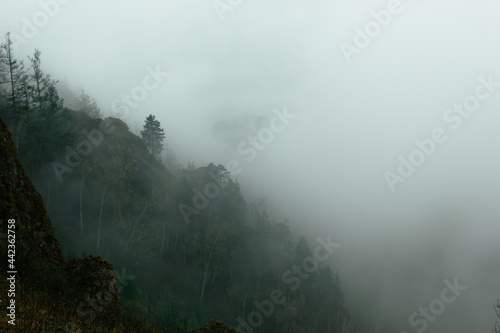 Silhouette of the mountain in the fog