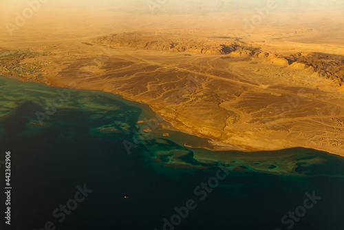 aerial view of egyptian islands in red sea at sunrise photo