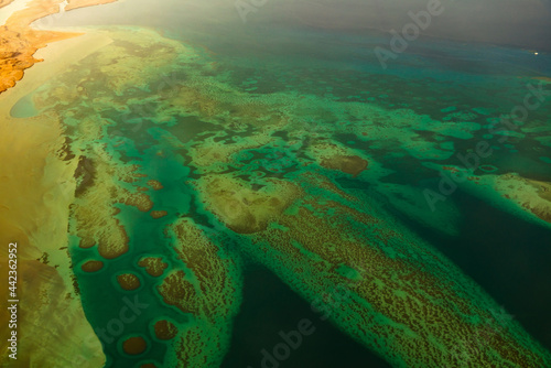 aerial view of egyptian islands in red sea at sunrise
