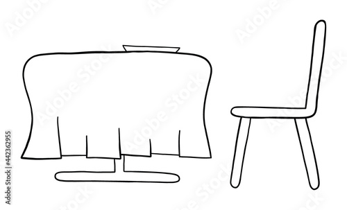 Cartoon vector illustration of dining table and chair