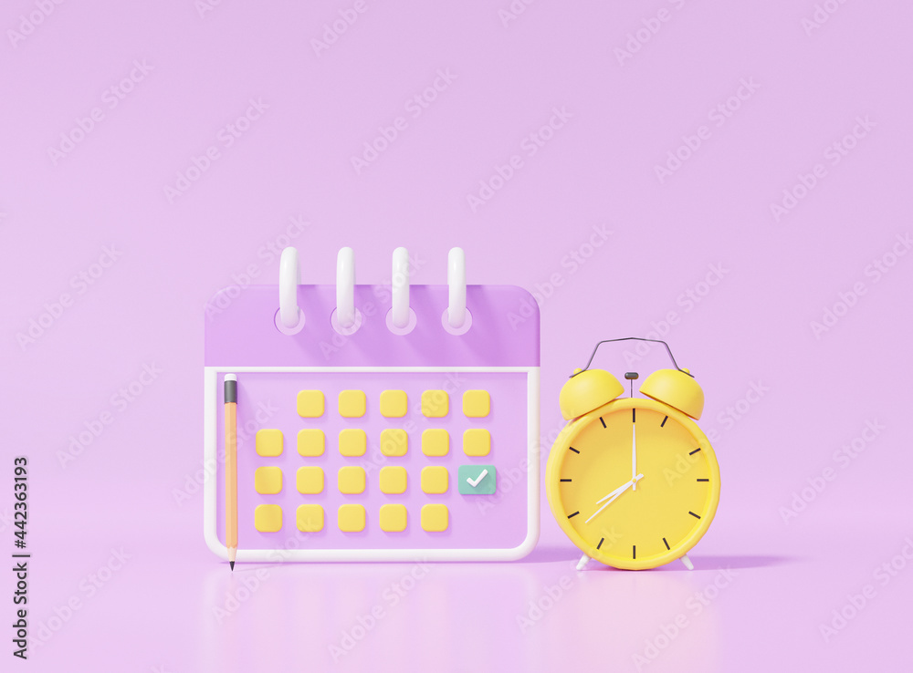 Calendar icon symbol and alarm clock yellow minimal cartoon style design. Day month year time marked pencil concept. on purple background. website banner. 3d rendering Calendar icon symbol and alarm clock yellow minimal cartoon style design. Day month year time marked pencil concept. on purple background. website banner. 3d rendering