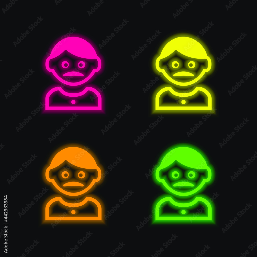 Obraz premium Adult Man With Moustache four color glowing neon vector icon