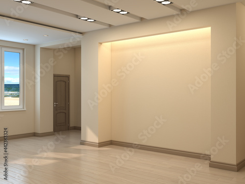 Empty Corner Interior with Sea View. Brown Door, Beige Plastered Walls with Cornice Light, Light Parquet and Plinth. 3D Illustration, 7680x5760