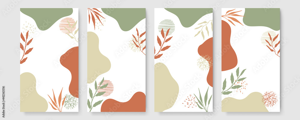 Universal floral organic boho scandinavian cards. Set of abstract creative universal artistic templates. Good for poster, invitation, flyer, cover, banner, placard, brochure and other graphic design.