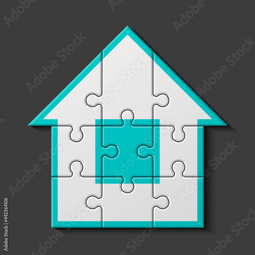 Puzzle house presentation. Home kit banner. Infographic template with explanatory text field for business statistics illustration
