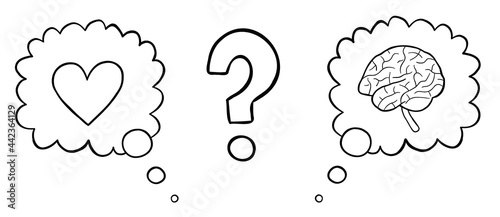 Cartoon vector illustration of heart and brain in a thought bubble, indecisive between the two